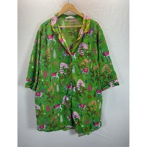 Print Fresh Anthro Women's 2X Organic Cotton Robe Green Animal Pocket Button‎